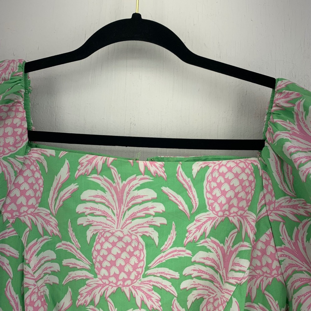 Coastal Resort Womens 14 Summer Vacation Pineapple Fruit Print Puff Sleeve Dress - Picture 5 of 10
